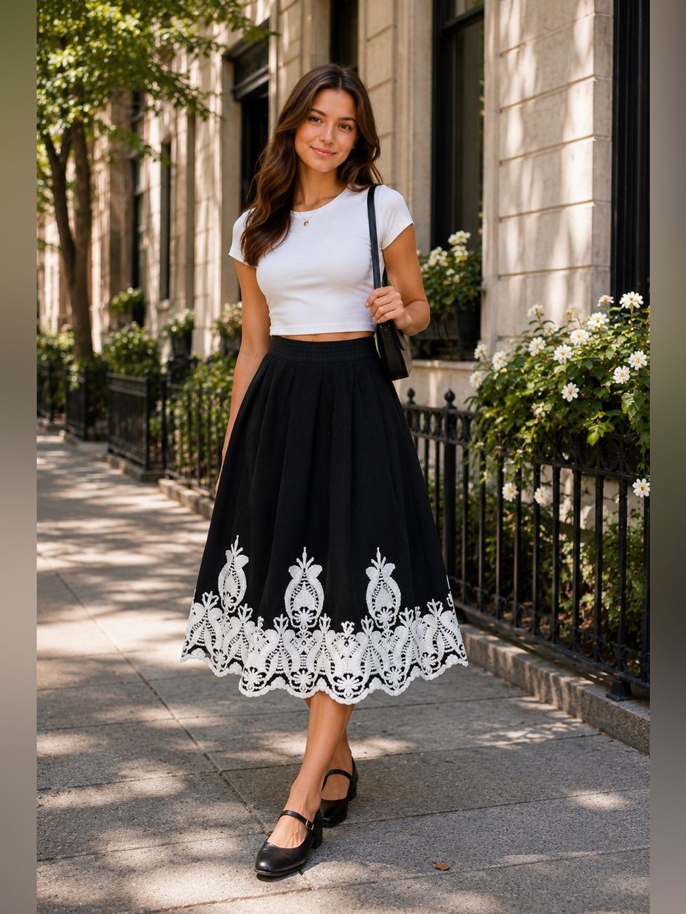 Ina Elastic Waist Soutache White and Black Skirt - Picture 1 of 6